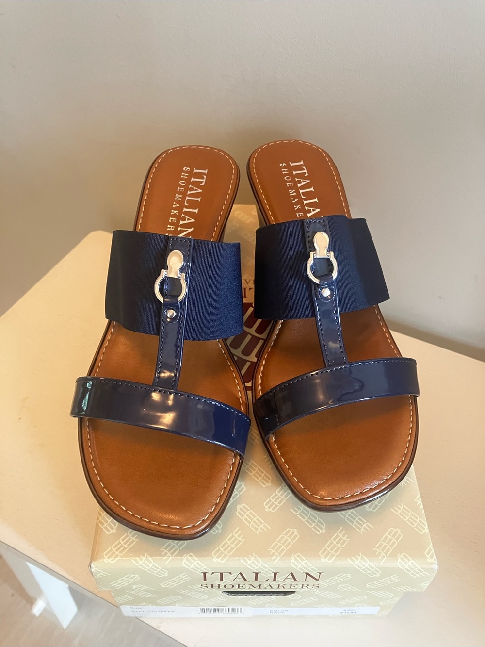 Italian Shoemakers Navy Patent and Tan Slide Sandals